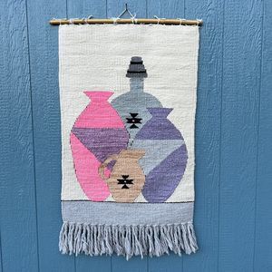 VTG Wool Woven Weaving RUG Wall Tapestry Handmade Aztec Pottery Vases Pastels